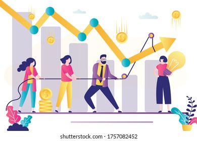 Business team with rope raise falling chart. Crisis management, increase in profit and income. Office people working together. Teamwork and brainstorming. Female employee with new idea. Flat vector