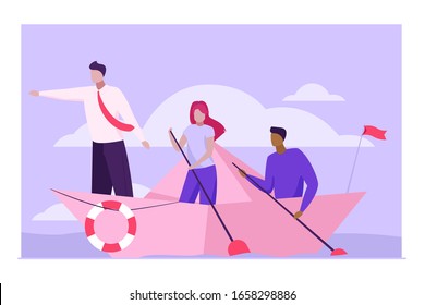 Business team rowing boat. Leader pointing hand forward flat vector illustration. Teamwork, travel, leadership concept for banner, website design or landing web page
