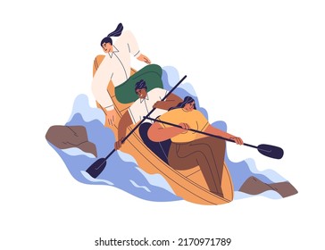 Business team rowing in boat on way with challenges, difficulties, risks. Colleagues working together. Corporate teamwork, collaboration concept. Flat vector illustration isolated on white background