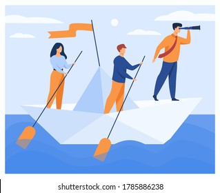 Business team rowing corporate boat with paddles while boss with spyglass looking faraway. Vector illustration for planning, investment, marketing, opportunities, strategy concepts