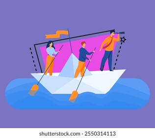 Business team rowing corporate boat with paddles while boss with spyglass looking faraway. Vector illustration for planning, investment, marketing, opportunities, strategy concepts