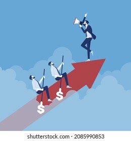 Business team rowing red arrow on the sky and looking for business opportunities, Moving towards success, business team and leadership concept