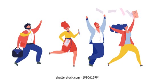 Business team run. People running, jogging managers. Flat work competition, happy office vector characters