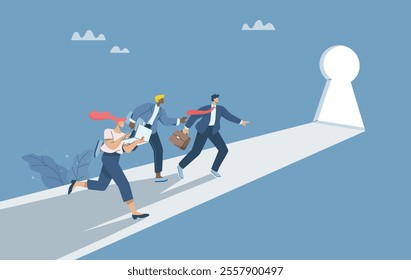 Business team run towards a brightly lit door ahead, Doorway to business or career opportunities, The concept of access and success, The door to success, Progress in organizational problem solving
