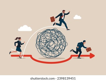 Business team run the way around and jump pass chaos messy line. Stress conditions and under hard. Flat vector illustration
