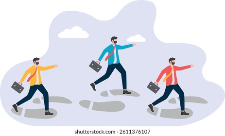 Business team running along huge footprints. Business vector illustration
