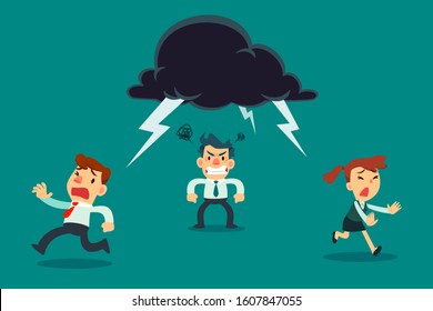 Business team running away from angry colleague with thunder cloud above his head. Business concept.