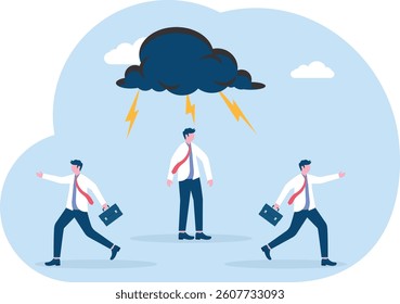 Business team running away from angry colleague with thunder cloud above his head. Business concept.

