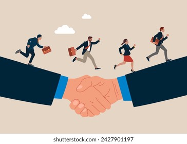 Equipo de negocios corriendo de mano en mano. Negocio, acuerdo, contrato, apretón de manos ejecutivo. ilustración de concepto de negocio de liderazgo - Vector