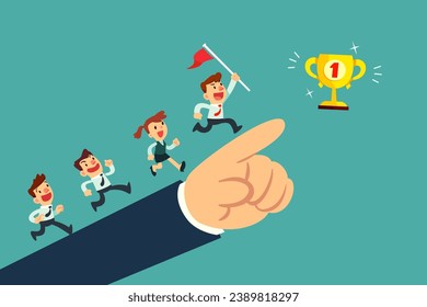 Business team running on big leader hand that point to winning trophy. Business leader give business team a direction to success.