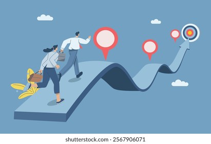 Business team running on project timeline, Project planning to develop the timeline of business progress, Roadmap, Work duration review, Key route map with action plans. Vector design illustration. 