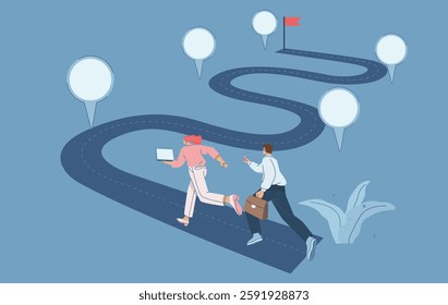 Business team running on project timeline, Roadmap, Project planning to develop the timeline of business progress, Work duration review, Key route map with action plans. Vector design illustration.