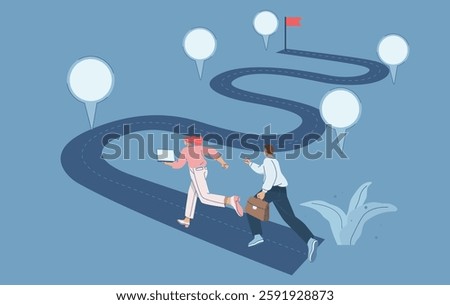 Business team running on project timeline, Roadmap, Project planning to develop the timeline of business progress, Work duration review, Key route map with action plans. Vector design illustration.
