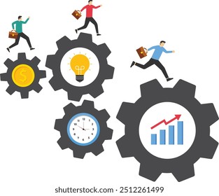 Equipe de negócios que trabalha com roda dentada ou equipamento para conduzir os negócios. Desenvolvimento e fluxo de trabalho. Ilustração de vetor plano.

