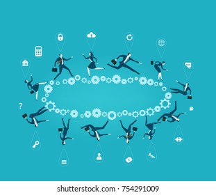 Business team running over the gears made circle and surrounded by communication icons. Busy business life style, working hard, achievement concept. 