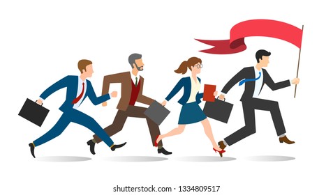 Business team running. Persons waving flag and jogging follow leader to professional triumph corporate winning vector illustration