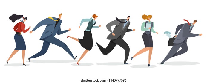 Business team running. Persons waving flag and jogging follow leader to professional triumph corporate winning vector illustration