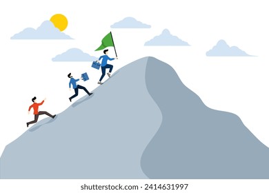 business team running to reach the top of the mountain, successful business, leadership to lead the team to achieve the goal, motivation and teamwork to succeed, challenge to achieve the target.