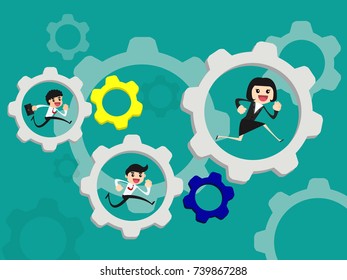 Business team running in set of gears mechanism. Business teamwork concept.