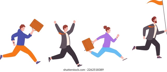 Business team running together. Career race. Office workers competition isolated on white background