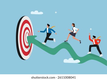 Business Team Running Toward Target. Success Path and Goal Achievement Concept Illustration