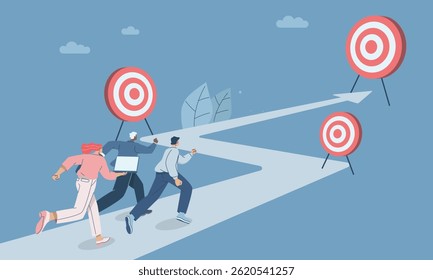 Business team running towards goal step by step, Timeline, Short-term, medium-term and long-term business goals concept, Corporate success target creation, Flat vector design illustration.
