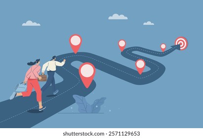 Business team running work on project timeline, Timeline, Progress in business, Roadmap, Project planning, Key route map with action plans, Timeline to success, Flat vector design illustration.