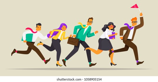 Business team runs for the leader with the flag. Way to success. Leadership concept. Vector illustration in a flat style