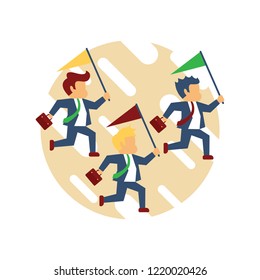 Business team runs for the leader with the flag. Business leader holding flag and leading the way to his fellow colleagues businessman people.