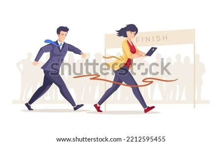 Business team rushing to finish line, business competition concept. Successful leader man and woman with laptop crossing finish line with red ribbon. Business people achieving goals cartoon vector