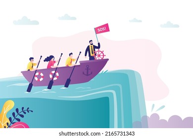 Business team sailing on boat. Leader choose false direction. Male boss steers ship and sailing at waterfall. Bad money management. Way to financial crisis, company bankrupt. Flat vector illustration