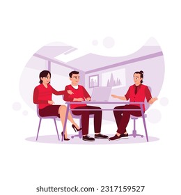 The business team sat together and discussed, brainstormed, and looked at laptop screens in the office room. Trend Modern vector flat illustration.