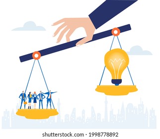 Business team at scale machine vs light bulb. Reveal the winner. Business concept illustration 