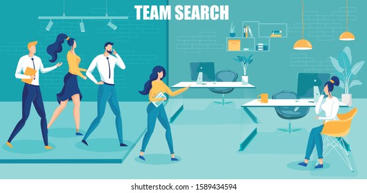 Business Team Search and Professionals Selection for Cooperation in Work. Recruitment Specialist Interviewing Vacancy Applicants, People in Office Cartoon Characters. Flat Vector Illustration.