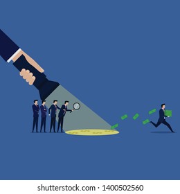 Business team search trace stolen money. Illustration For Wallpaper, Banner, Background, Book Illustration, And Web Landing Page.