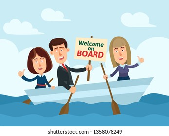 Business team searching new employee. Business people on boat, man holding board with message - Welcome on board. Recruitment, vacancy concept. Business vector illustration, flat cartoon style.