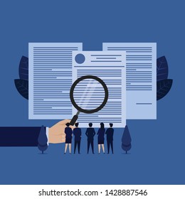 Business team see documents with magnify metaphor of terms and condition. Illustration For Wallpaper, Banner, Background, Book Illustration, And Web Landing Page.