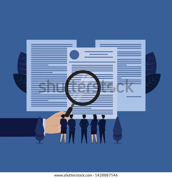 Business team see documents with
magnify metaphor of terms and condition. Illustration For
Wallpaper, Banner, Background, Book Illustration, And Web Landing
Page.