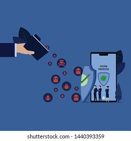 Business team see folder spread virus to phone protected by shield. Illustration For Wallpaper, Banner, Background, Book Illustration, And Web Landing Page.