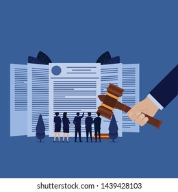 Business team see law agreement for product copyright service. Illustration For Wallpaper, Banner, Background, Book Illustration, And Web Landing Page.