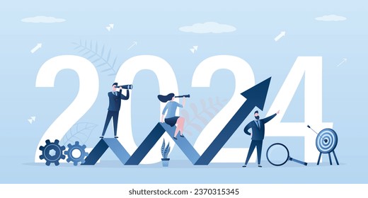 Business team seeking new opportunities. Leadership, global vision, business development. Happy new year 2024. Growth chart, future achievement. 2024 business goals concept. flat vector illustration svg
