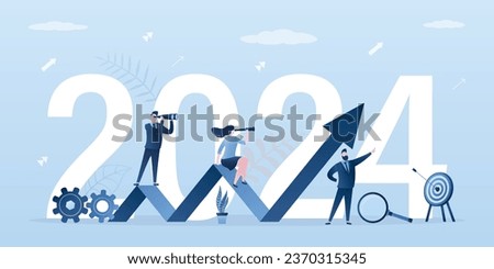 Business team seeking new opportunities. Leadership, global vision, business development. Happy new year 2024. Growth chart, future achievement. 2024 business goals concept. flat vector illustration