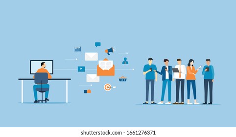 business team sending message to global group people  and business  email marketing content  concept