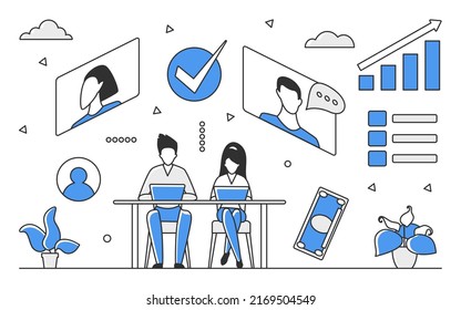 Sesión del equipo de negocios. Videoconferencia digital, encuentro de lluvia de ideas ilustración de monocolor vectorial