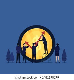 Business team set up clockwise on dollar coin metaphor of time is money. Illustration For Wallpaper, Banner, Background, Book Illustration, And Web Landing Page.