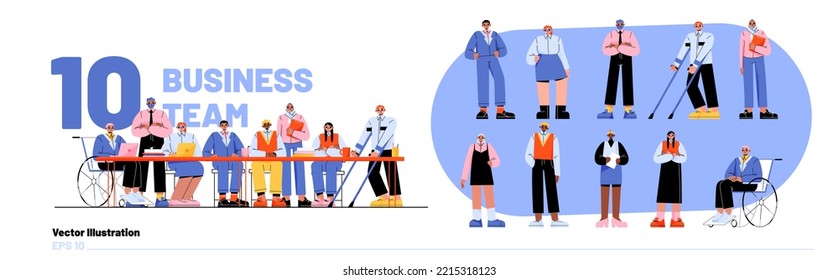 Business team set with diverse people, persons with disabilities. Multiracial group of employees sitting at table with laplops, african american, asian and muslim characters, vector flat illustration