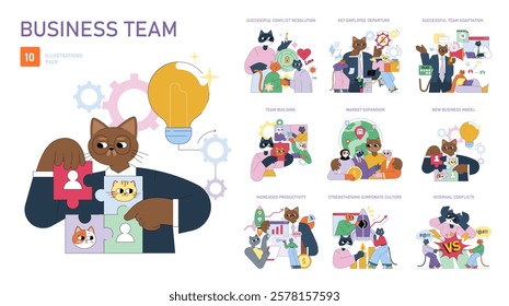 Business Team set. The dynamics of teamwork in a corporate environment featuring cats tackling various scenarios. Illustrates conflict resolution, team building, market expansion, and productivity