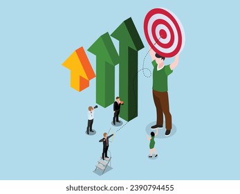 Business team set out a profit target and execute isometric 3d vector illustration concept