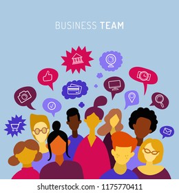 Business team, sharing ideas, talking, chatting. Teamwork of men and women, flat icons. Vector illustration of minimalistic people with speech bubbles. Used for web, social networks, users app.