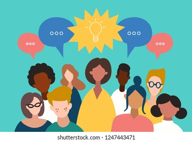 Business team, sharing ideas, talking, chatting. Teamwork of men and women, flat icons. Vector illustration of minimalistic people with speech bubbles. Used for web, social networks, users app.